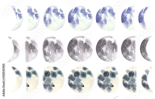 Watercolor Set of moon phases. Hand drawn watercolor illustration.