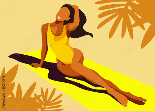 vector illustration on the theme of summer holidays. beautiful tanned girl in a yellow bikini sunbathes on the beach in the shade of palm tree. useful for summer vacations  resorts  hotels  beaches.