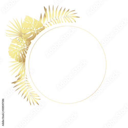 Leaves of tropical plants with round frame. Vector gradient illustration golden on a white background.