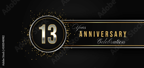 13 Year Anniversary Celebration with Silver and Gold Color for Celebration Events, Wedding, greeting card, birthday party, and Invitation Isolated on Black Background. 13 Years Anniversary Logotype