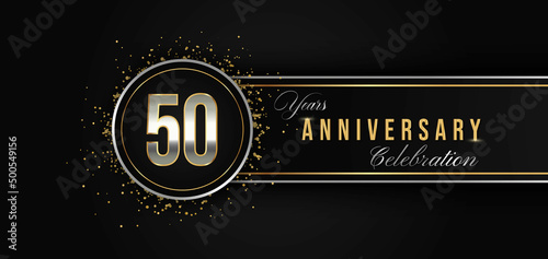 50 Year Anniversary Celebration with Silver and Gold Color for Celebration Events, Wedding, greeting card, birthday party, and Invitation Isolated on Black Background. 50 Years Anniversary Logotype