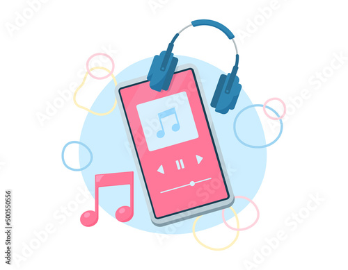 モバイルフォンで音楽を聴くイラスト. ヘッドフォンと音楽プレーヤー. オンラインでの曲の再生. 