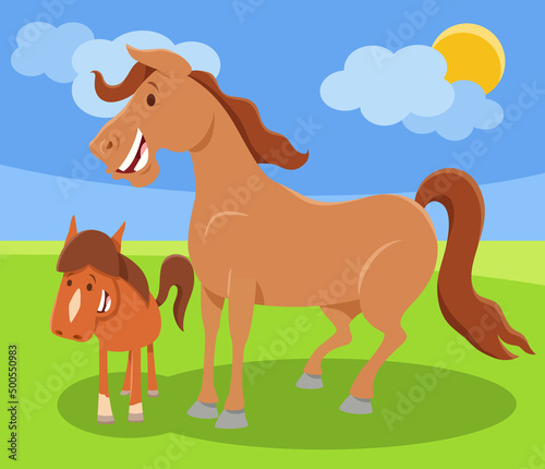 funny cartoon horse farm animal character with colt
