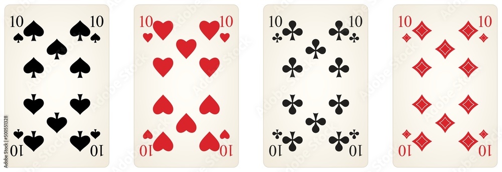 Spielkarten Symbol Vektor Set mit der Zahl zehn in schwarz und rot. Herz, Kreuz, Pik und Karo Illustration. Weißer isolierter Hintergrund. Spielkarten Symbol Vektor Set mit der Zahl zehn in schwarz und rot. Herz, Kreuz, Pik und Karo Illustration. Weißer isolierter Hintergrund.