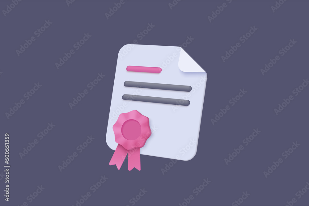 3d certificate or diploma icon with stamp and ribbon bow isolated background.  White clipboard task management todo check list, work on project plan  concept. 3d vector render on purple background Stock Vector |