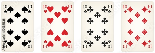 Spielkarten Symbol Vektor Set mit der Zahl zehn in schwarz und rot. Herz, Kreuz, Pik und Karo Illustration. Weißer isolierter Hintergrund.
