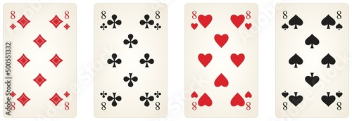 Spielkarten Symbol Vektor Set mit der Zahl acht in schwarz und rot. Herz, Kreuz, Pik und Karo Illustration. Weißer isolierter Hintergrund.