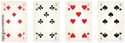 Spielkarten Symbol Vektor Set mit der Zahl sieben in schwarz und rot. Herz, Kreuz, Pik und Karo Illustration. Weißer isolierter Hintergrund. photo