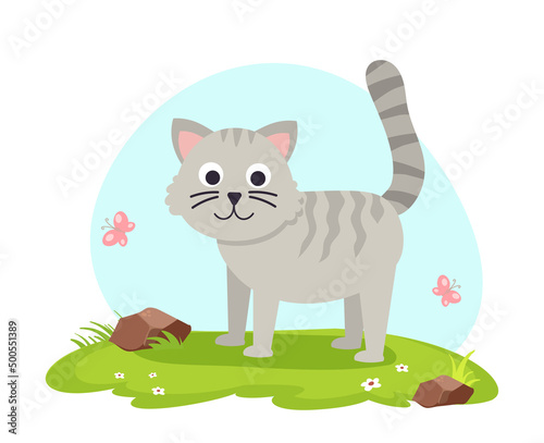 Cute and funny cat on summer landscape. Cute domestic animal or pet cartoon character on a grass. Adorable grey kitty isolated on white background. Hand-drawn colored cat flat vector illustration