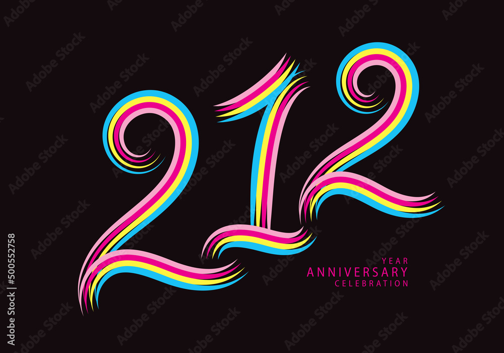 212 number design vector, graphic t shirt, 212 years anniversary celebration logotype colorful line, 212th birthday logo, Banner template, logo number elements for invitation card, poster, t-shirt.