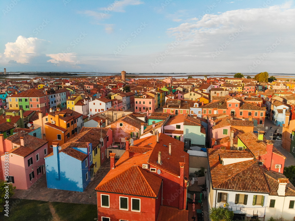 View of Burano's colorful houses from above with a drone 