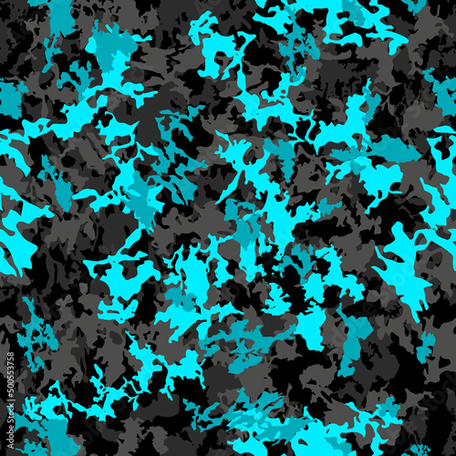 Vector camouflage seamless pattern. Abstract hunting military camo endless texture. Black grey acid cyan blue modern illustration
