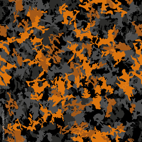 Vector camouflage seamless pattern. Abstract hunting military camo endless texture. Black grey acid orange modern illustration