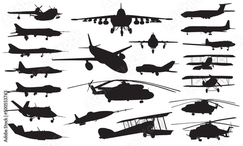 Vector silhouettes of military avia aircraft, jet, helicopter, plane, biplane