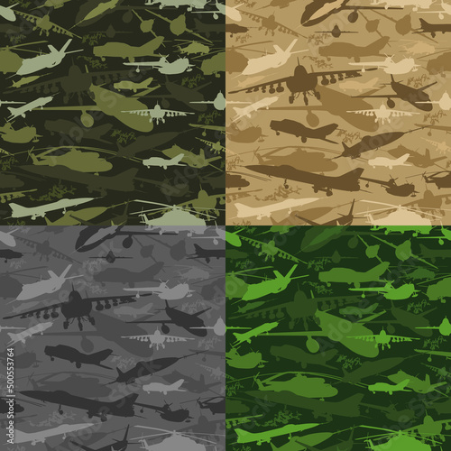 Vector camouflage avia seamless pattern set. Military camo endless texture from jet, aircraft, helicopter, plane, biplane silhouettes. Classic khaki green black grey brown olive modern illustration