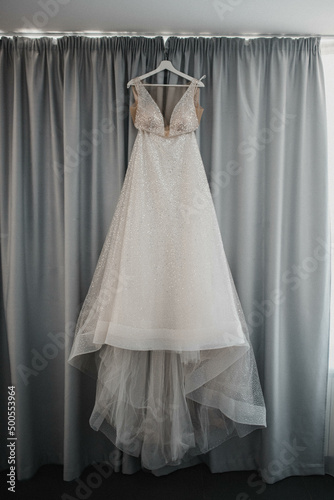 Wedding dresses with blank label stock photo.