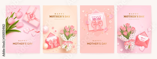 Mother's day poster or banner set with sweet hearts, envelope, bouquet of tulips and gift box on pink background