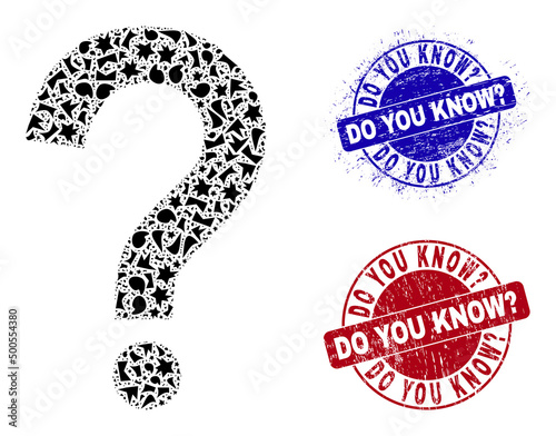 Round DO YOU KNOW? scratched stamp seals with word inside round forms, and fraction mosaic query sign icon. Blue and red stamp seals includes DO YOU KNOW? title. Query sign mosaic icon of shard items.