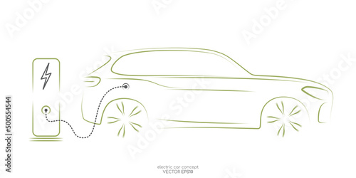SUV electric car with charging stations by sketch line side view green colors isolated on white background. Vector illustration in concept green energy