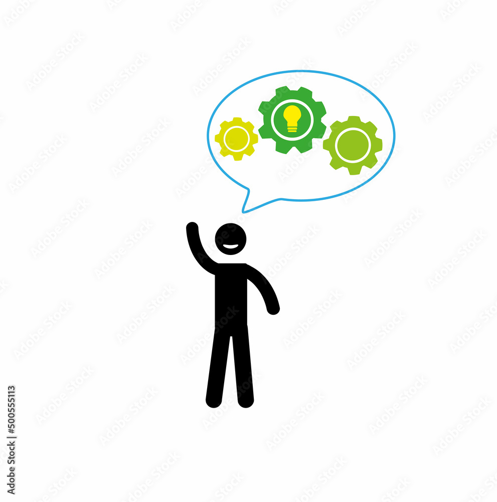 a stick man and a light bulb with gears on an information bubble, an idea concept, a pictogram of a human figure, a businessman a stick man and a light bulb with gears on an information bubble, an idea concept, a pictogram of a human figure, a businessman