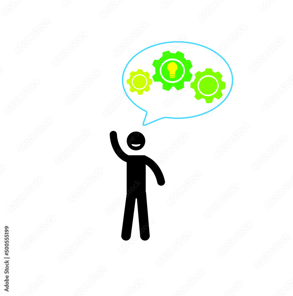 a stick man and a light bulb with gears on an information bubble, an idea concept, a pictogram of a human figure, a businessman a stick man and a light bulb with gears on an information bubble, an idea concept, a pictogram of a human figure, a businessman
