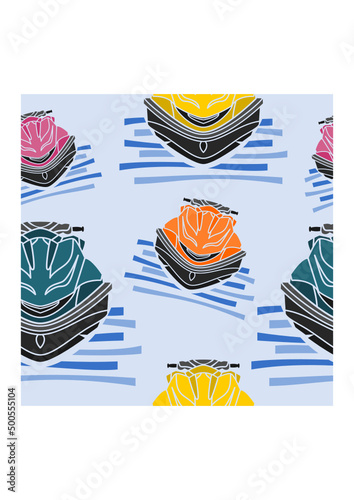 Editable Front View Personal Watercraft or Water Scooter in Various Colors on Calm Water Vector Illustration as Seamless Pattern for Creating Background of Transportation or Recreation Related Design