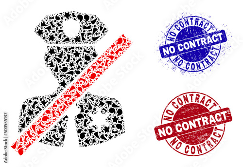 Round NO CONTRACT scratched stamp seals with caption inside round forms, and spall mosaic stop police patrol icon. Blue and red stamp seals includes NO CONTRACT tag.