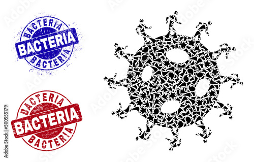 Round BACTERIA dirty stamp seals with word inside round forms, and shard mosaic human virus icon. Blue and red stamp seals includes BACTERIA caption. Human virus mosaic icon of shatter parts.