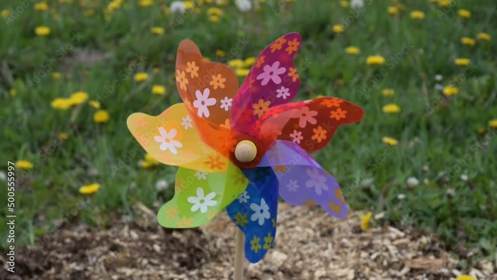 Moulin à vent activé par le vent sur fond de pelouse parsemée de fleurs de pissenlit.