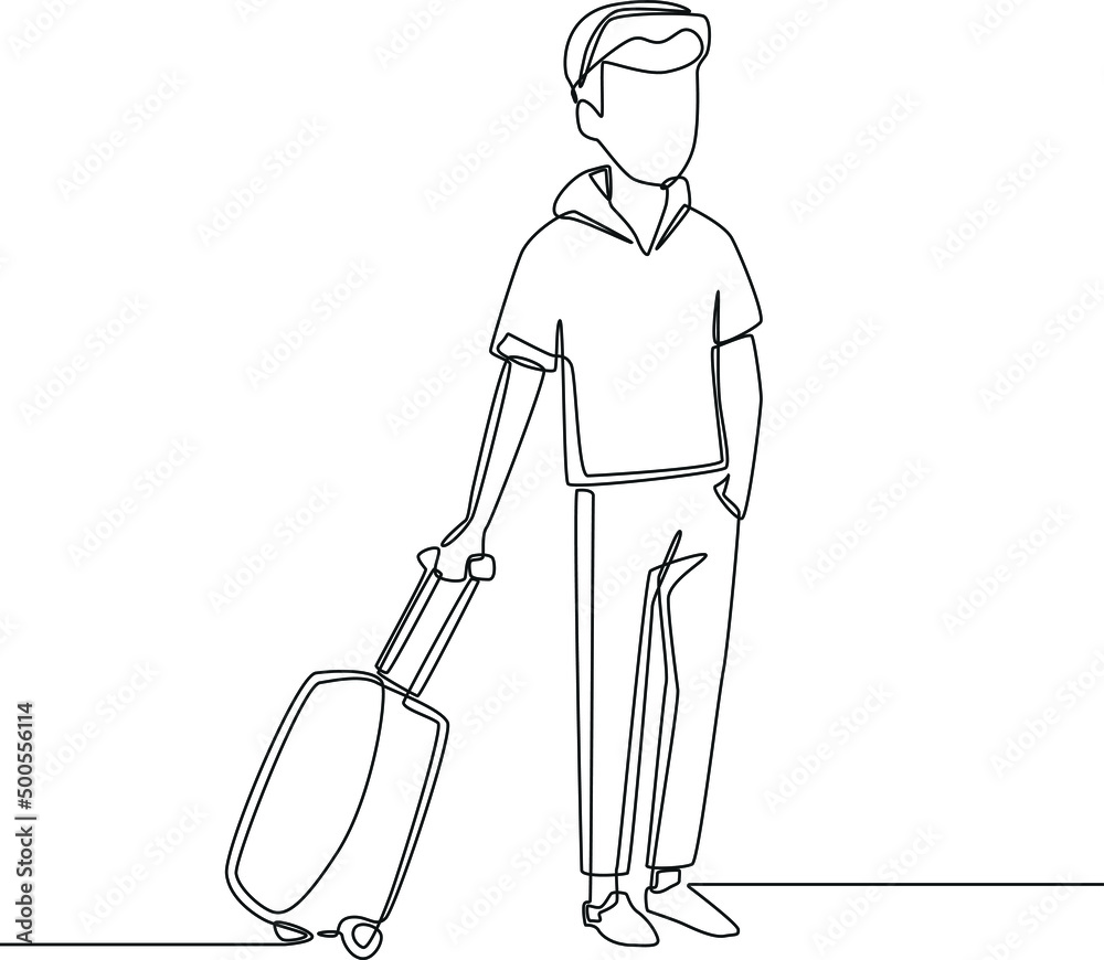 Continuous one line drawing executive man travelling with a luggage. Happy travelling. Single line draw design vector graphic illustration.