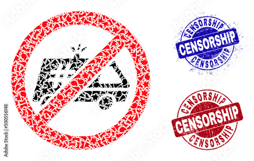 Round CENSORSHIP unclean seals with tag inside round forms, and spall mosaic stop jail police car icon. Blue and red stamps includes CENSORSHIP title. Stop jail police car mosaic icon of debris parts.