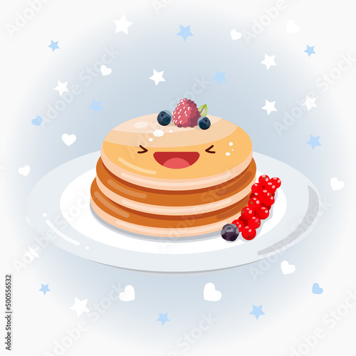 Cute pancakes vector icon illustration. Pancakes sticker cartoon logo. Food icon concept. Flat cartoon style suitable for web landing page, banner, sticker, background. Kawaii pancakes with berries.