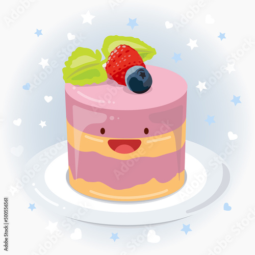 Cute cake, pastry, soufflé with berry top vector icon illustration. Cake, pastry, soufflé sticker cartoon logo. Food icon concept.  Flat cartoon style suitable for web landing page, banner, sticker.