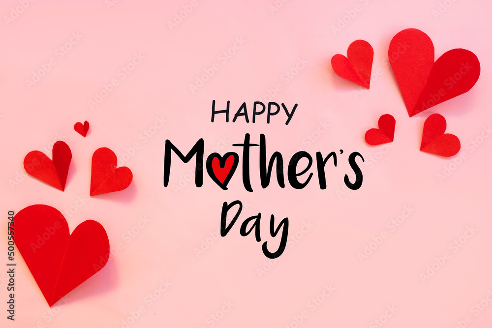 Celebrate the Mother's Day with red hearts on the pink background