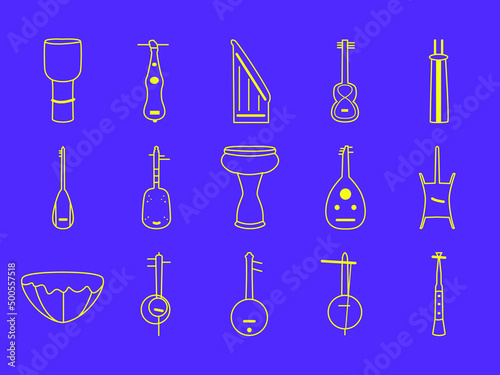 islamic arab traditional music instrument line icon set