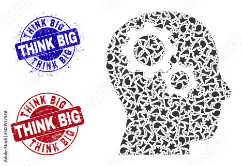 Fototapeta Naklejka Na Ścianę i Meble -  Round THINK BIG rubber stamp seals with tag inside round shapes, and debris mosaic brain gears icon. Blue and red seals includes THINK BIG text. Brain gears mosaic icon of debris particles.
