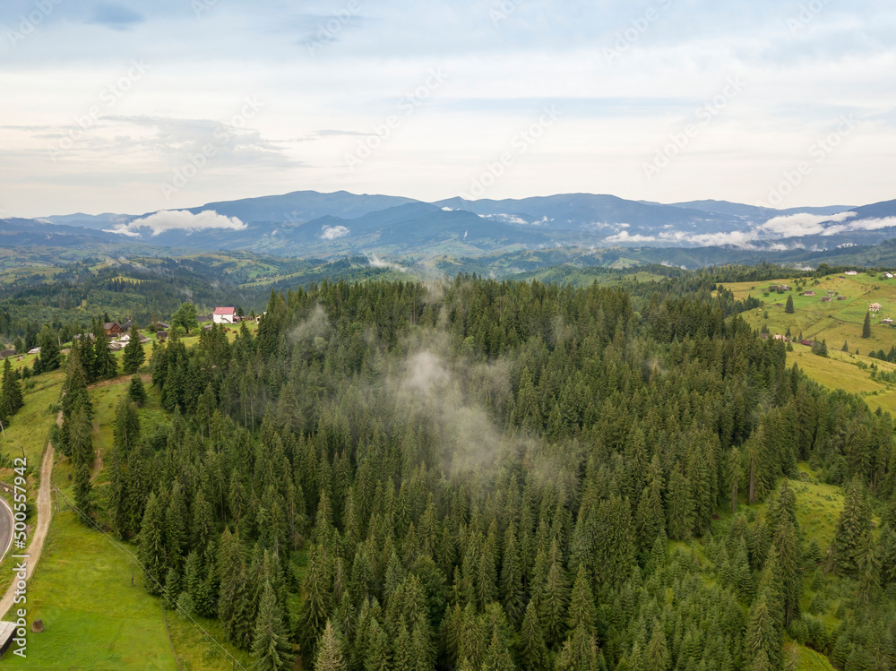 Fototapeta premium Ukrainian Carpathians mountains on a summer morning. Aerial drone view.