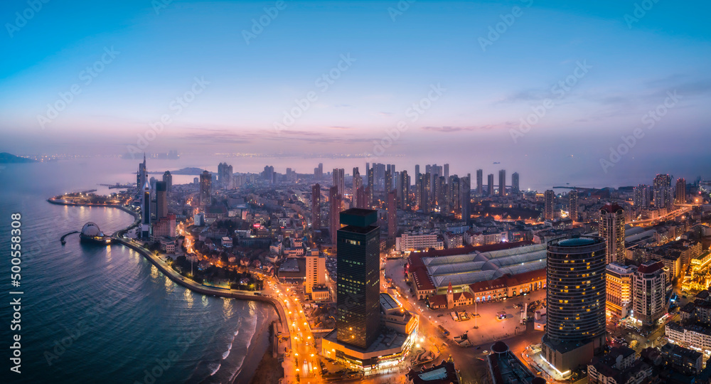 Aerial photography of Qingdao coastline bay area night scene large format
