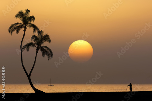Tropical ocean sunset scene. Coconut tree growing near the ocean and a photographer photographing a yacht on an orange tropical sunset background