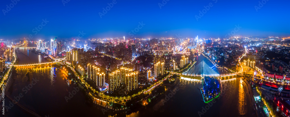 Naklejka premium Large-format aerial photography of Fuzhou city night scene