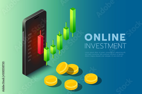 Smartphone has a candlestick chart, profit on investment, and Isometric Illustration.