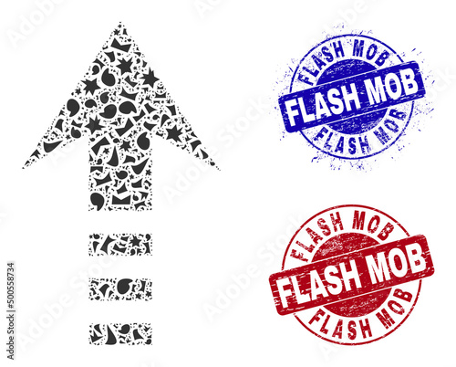 Round FLASH MOB rubber watermarks with caption inside round shapes, and spall mosaic send up icon. Blue and red stamp seals includes FLASH MOB caption. Send up mosaic icon of shatter items.