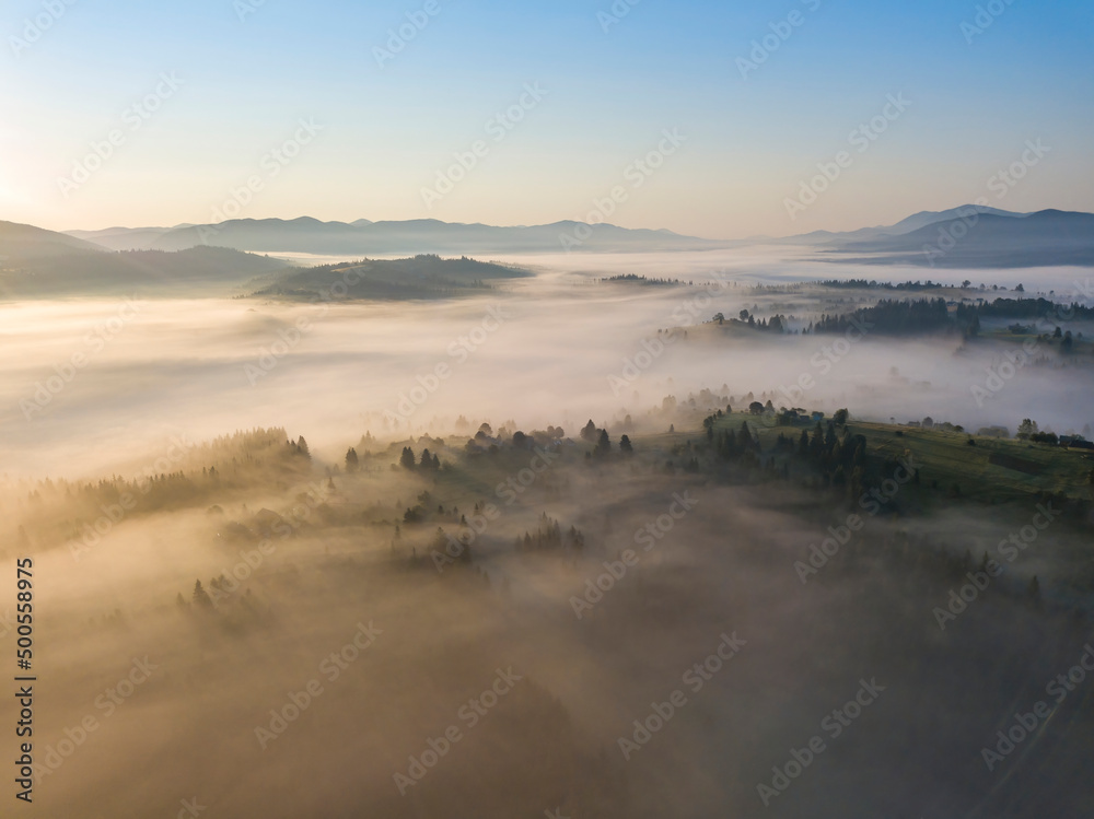 Morning fog in the Ukrainian Carpathians. Aerial drone view.