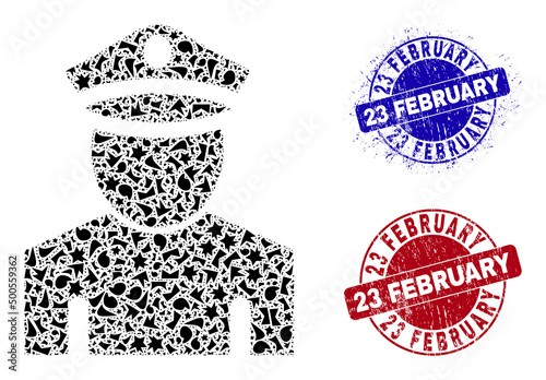 Round 23 FEBRUARY rubber prints with caption inside round shapes, and detritus mosaic policeman icon. Blue and red stamps includes 23 FEBRUARY caption.