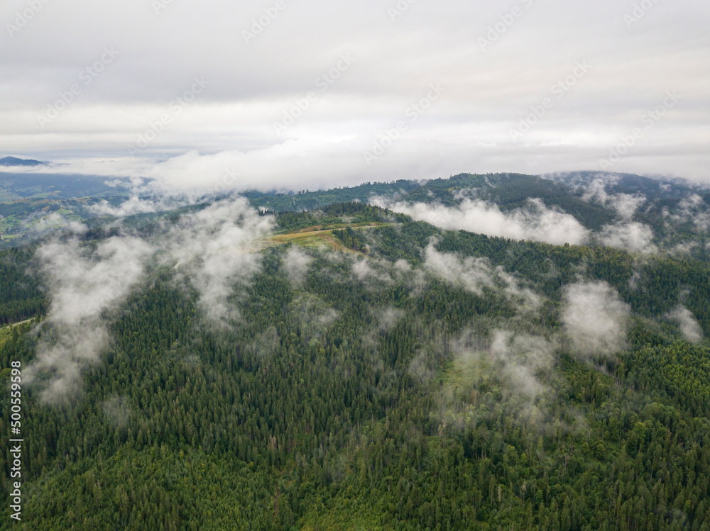 Green slopes of Ukrainian Carpathian mountains in summer. Cloudy morning, low clouds. Aerial drone view. Green slopes of Ukrainian Carpathian mountains in summer. Cloudy morning, low clouds. Aerial drone view.