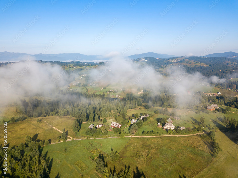 Ukrainian Carpathians mountains on a summer morning. Aerial drone view.