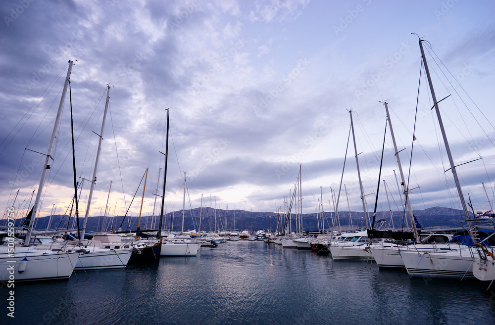 Marina harbour with beautiful white yachts in Split, Croatia.