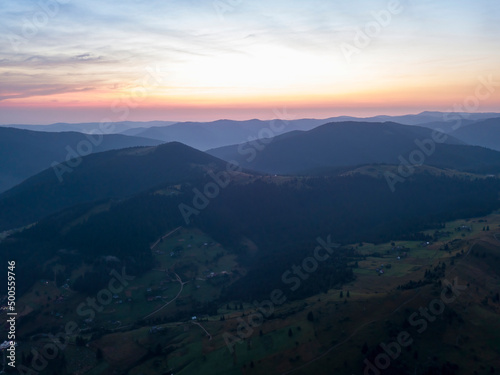 Ukrainian Carpathians mountains on a summer morning. Aerial drone view.