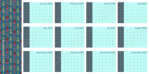 Vector calendar 2023 for each month with notes. Ornaments, folk, Scandinavia.