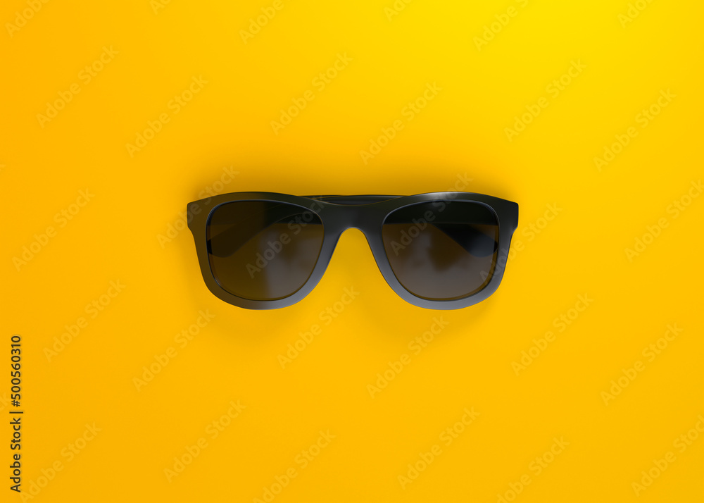 Black sunglasses on yellow background. Top view. Minimal creative concept. 3d rendering 3d illustration
